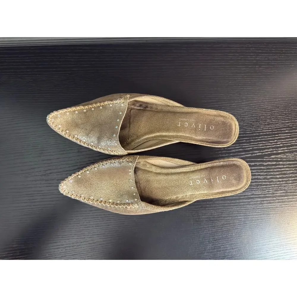 Oliver Addie Khaki Metallic Gold Leather Kitten Heel Mules Size 8 Pointed Toe